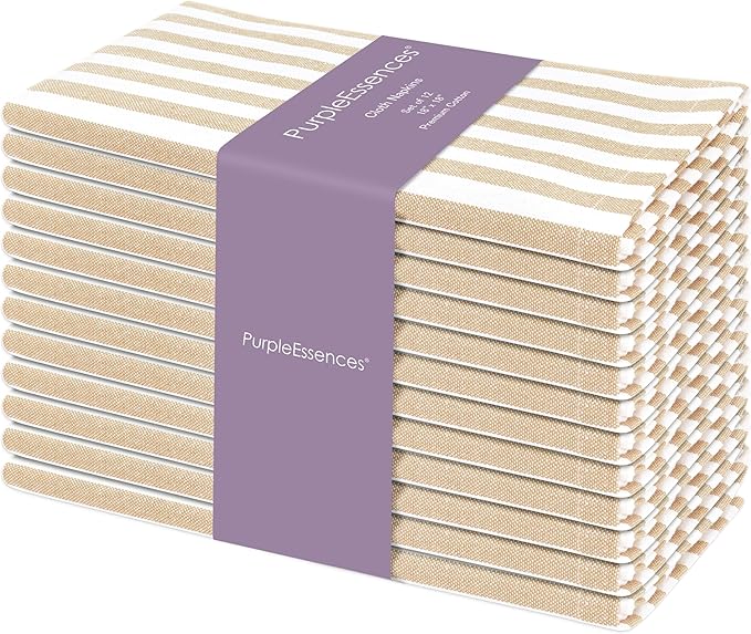 PurpleEssences Plain Striped Cloth Napkins - Set of 12-100% Cotton - 18 x 18 Inch - Spring Easter Summer and Perfect Everyday Use Dinner Napkin - Beige and White