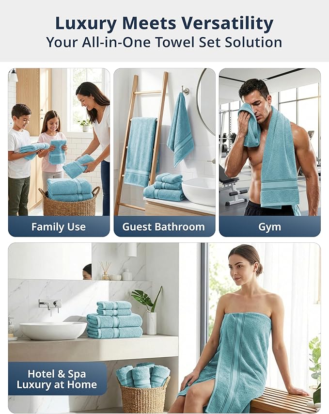 LANE LINEN Luxury Bath Towel Set - 6 Piece Set, 100% Cotton Bathroom Towel, Zero Twist, Quick Dry Shower Towels, Extra Soft Absorbent, 2 Bath, 2 Hand, 2 Wash Cloths - Blue
