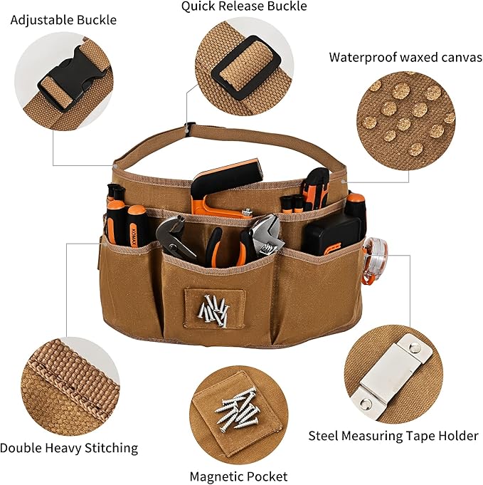 Waist Tool Belts with 13 Pockets,Waxed Canvas Tool Apron,Nail Apron,Woodworking Pouch for Men and Women,Adjustable Length from 28 to 45 Inches