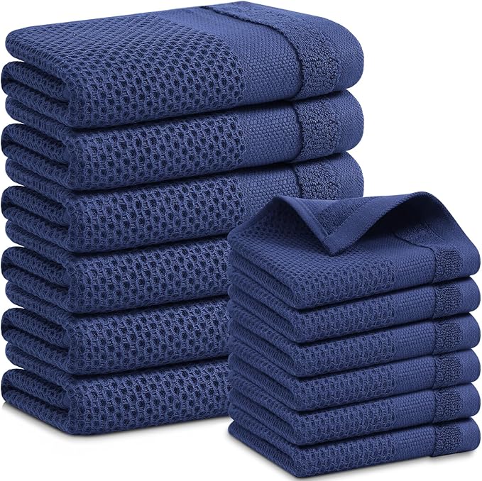 Homaxy Kitchen Towels and Dishcloths Set, 12 x 12 and 13 x 28 Inches, Set of 12 100% Cotton Waffle Weave Kitchen Towels, Super Soft and Absorbent Dish Cloths, Navy Blue