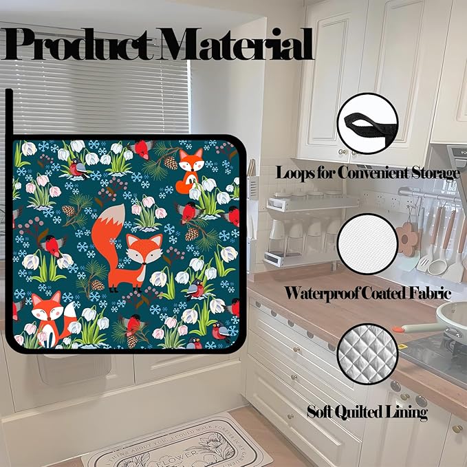 Cute Fox and Flower Pot Holders Set of 2,Kitchen Heat Resistant Potholder for BBQ Cooking Baking,Food Hot Pad for Women Men