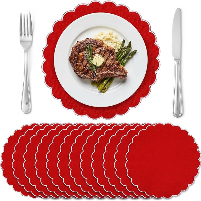 Set of 12 Red Cotton Placemats 15 Inch Round Scalloped Embroidery Placemats Washable Double Layered Rustic Table Mat Fabric Napkins for Wedding Table Decor