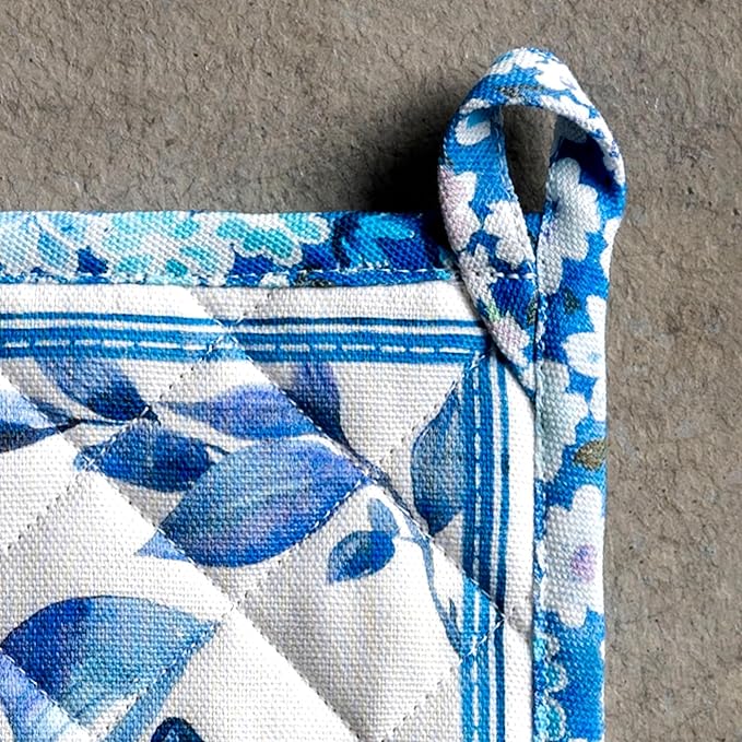 Maison d' Hermine Pot Holders 100% Cotton Heat Resistant Potholders 8" x 8" Hot Pads with Loop BBQ Cooking Baking Gifts for Mothers Day Handling Hot Pans Spring/Summer (Pack of 2, Summer Blues)