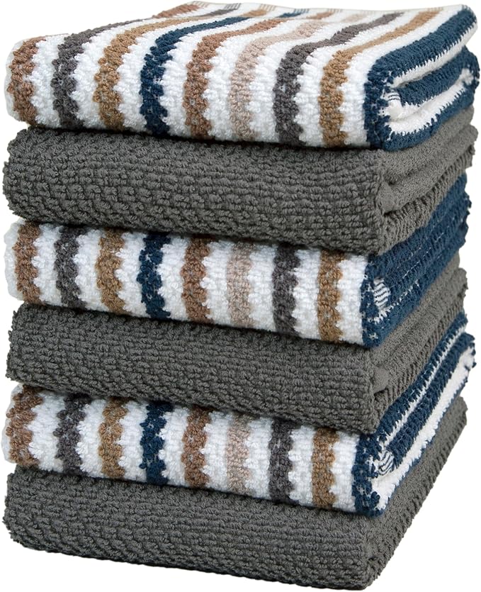 Premium Kitchen Towels (16”x 26”, 6 Pack) | Large Cotton Kitchen Hand Towels | Popcorn Striped Design | Dish Towels | 430 GSM Highly Absorbent Tea Towels Set with Hanging Loop | Gray