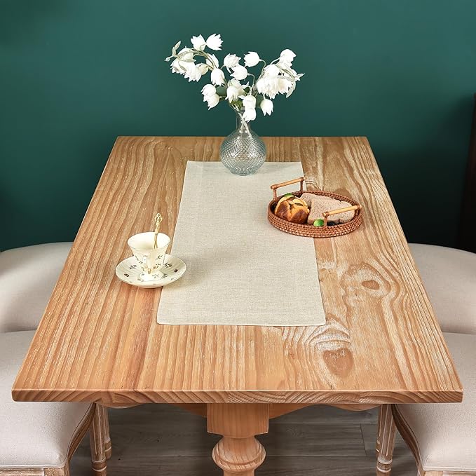 NEWISHER Farmhouse Rustic Table Runner Solid Beige Rectangular Table Runners Faux Linen Table Runner for Everyday Use Kitchen Dining Party Table 13x36 Inch
