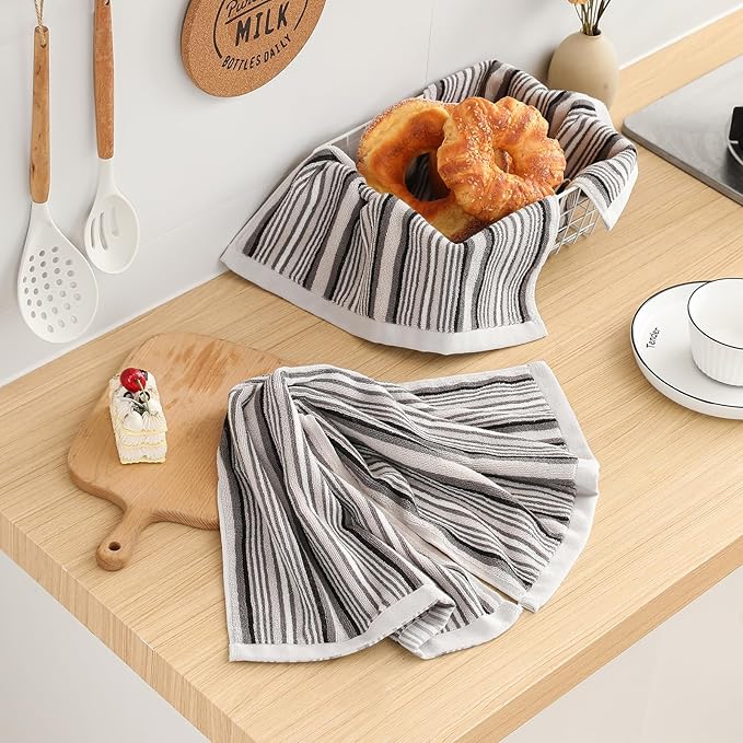 SALAS Kitchen Dish Towels for Drying Dishes, Large Cotton Kitchen Cloths Hand Towels, Stripped Terry Dish Cloths, Thick Highly Absorbent Towel Sets with Hanging Loop, 16" X 26"