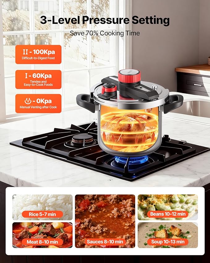VEVOR Pressure Cooker, 8Qt Pressure Cooker Stainless Steel, Pressures Canner with Steaming Rack, Tempered Glass Lid, Three Pressures Settings for Meat, Beans, Rice, Soup, Sauces, Cook up to 100 kPa