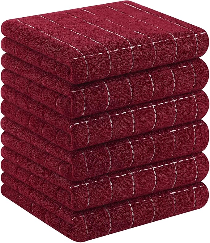 Homaxy 100% Cotton Terry Kitchen Towels(Burgundy Red, 13 x 28 inches), Checkered Designed, Soft and Super Absorbent Dish Towels, 6 Pack
