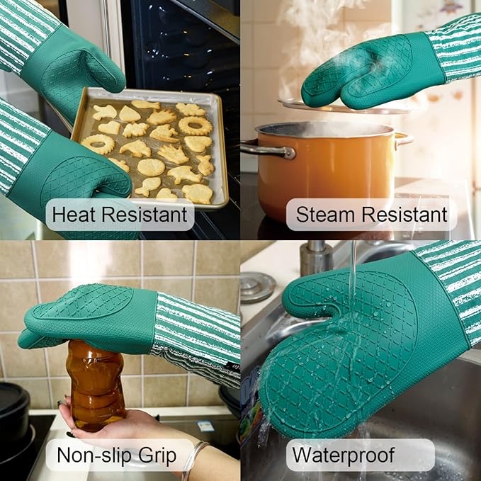 Alselo Silicone Oven Mitts Heat Resistant 932℉ with Waterproof & Non-Slip Kitchen Mittens, Set of 2 Extra Long Oven Gloves with Soft Cotton Terry Lining for Baking Cooking Barbecue (Emerald Green, 2)