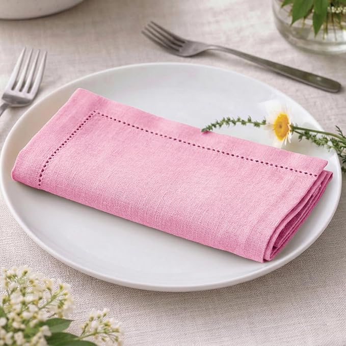 Palisa Pink Cotton Napkins Set of 12 | Premium Hemstitch Detailing Cloth Dinner Napkins 18x18 Inch | Soft Washable & Reusable Table Napkins for Everyday Use Weddings Parties Restaurants & Hotels