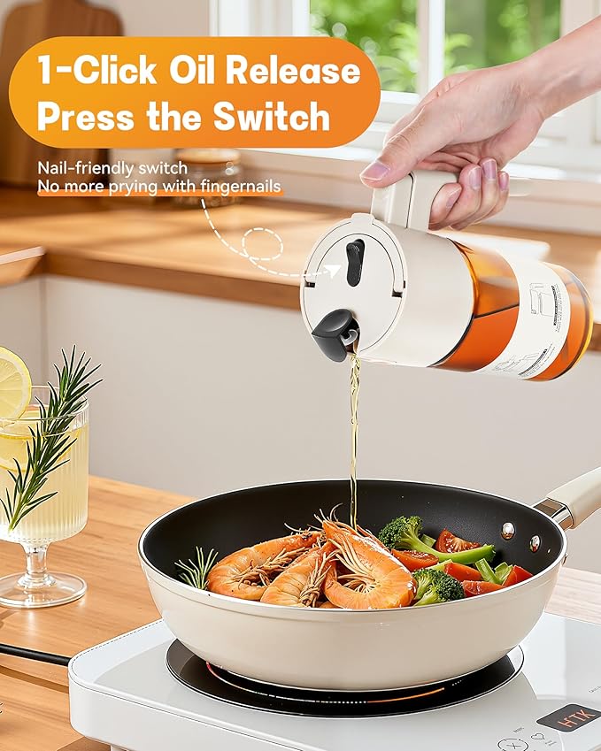 OURCABECUE Upgrade 2 in 1 Oil Sprayer for Cooking, 17oz Light-Blocking Glass Olive Oil Dispenser Bottle for Kitchen,Food-Grade Oil Mister with 8 Stickers for Salad, Frying (Brown Bottle-White Cap)
