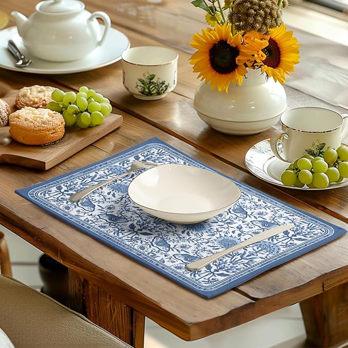 Blue Floral Boho Placemats Set of 4, 12x18 Inch Vintage Chinoiserie Block Print Place Mats Seasonal Spring Summer Rustic Farmhouse Table Mats for Party Kitchen Dining Outdoor Indoor Decor