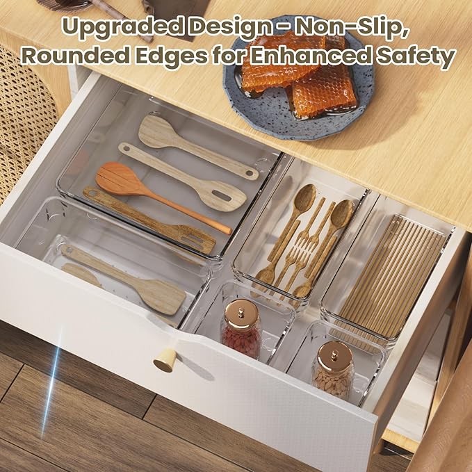 5 PCS Clear Plastic Drawer Organizer Set, 2 Sizes Acrylic Drawer Storage Trays Non Slip Storage Bins for Makeup, Jewelry, Gadgets for Kitchen, Bedroom, Bathroom, Office