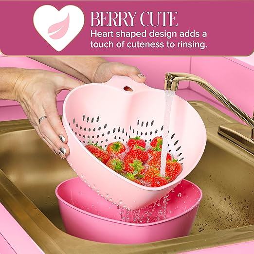 Paris Hilton Heart Bowl & Colander Set, Nesting 2-Piece Design with 3-Quart Capacity, Dishwasher Safe, Made without BPA, Pink
