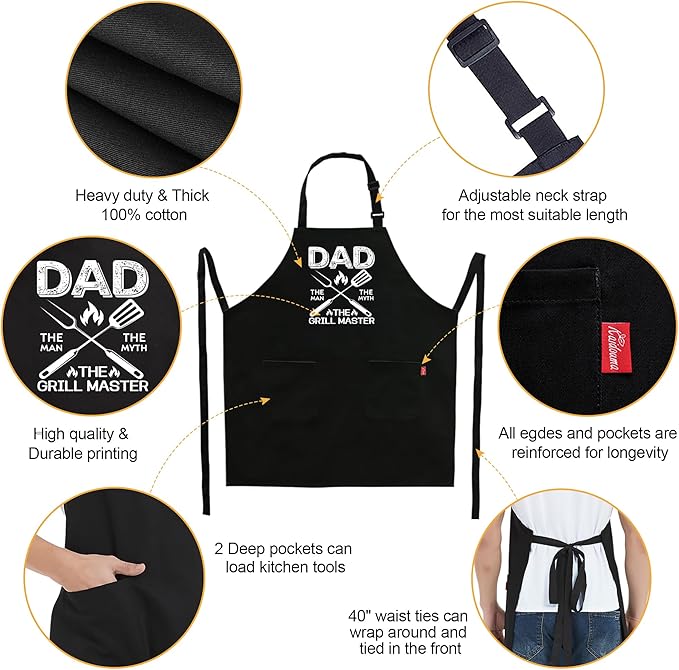 Kaidouma Grill Aprons for Men Dad - Mens Funny Chef Cooking Grilling BBQ Apron with 2 Pockets - Father's Day Apron for Dad
