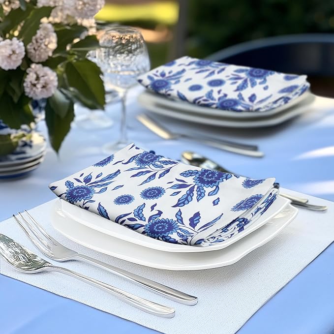 COTTON CRAFT Cloth Napkins – Set of 12 Pure Cotton Twill 6 Blue on White & 6 White on Blue Printed Reusable Napkins with Mitered Corners – Dinner Lunch Soft Absorbent Machine Washable - 17 x 17