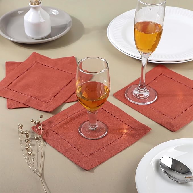 FINGERCRAFT Cocktail Napkins 6 x 6 Inch Premium Quality Cotton, Generous Hemstitch and Mitered Corner Set of 12 Coaster Cloth Rust