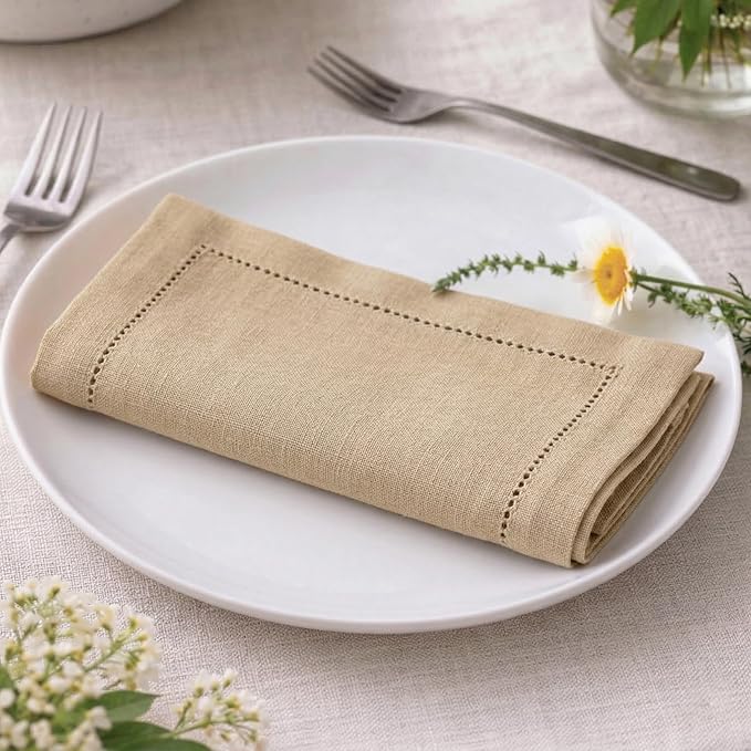 Palisa Beige Cotton Napkins Set of 4 | Premium Hemstitch Detailing Cloth Dinner Napkins 18x18 Inch | Soft Washable & Reusable Table Napkins for Everyday Use Weddings Parties Restaurants & Hotels