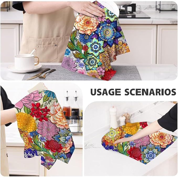 Boho Floral Kitchen Dish Towels Decorative Set of 4, Colorful Kitchen Stuff Hand & Tea Towels for Cleaning Drying, Baking Cooking Lover Gifts for Chef Cooks Women, Housewarming Gifts for Women