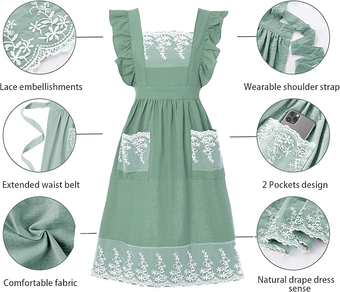 Aoomzoon Vintage Aprons for Women with Pockets Cute Lace Ruffle Adjustable Apron for Cooking Kitchen Baking Gardening