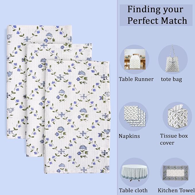Ridhi Powder Blue Hand Block Print Cotton Waffle Dish Cloth Set of 12-12x12 Inch Super Absorbent, Soft, Reusable Kitchen Towels for Dish Drying Cleaning, Ideal for Spring, Easter, Valentine
