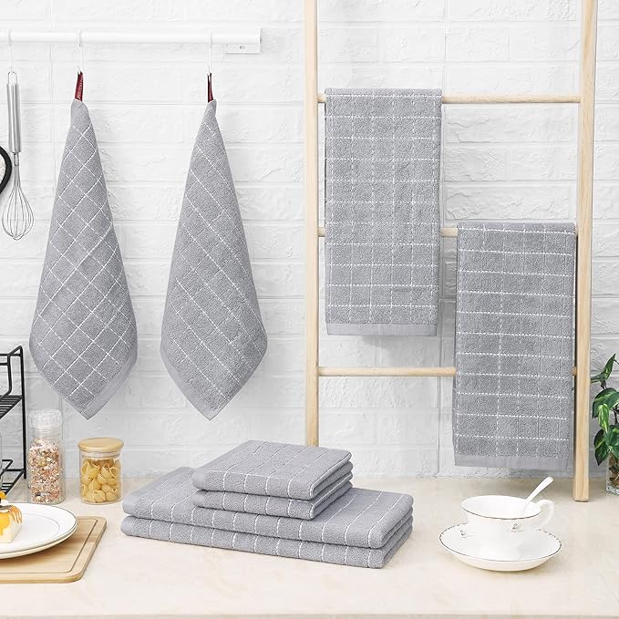 Homaxy Kitchen Towels and Dishcloths Set, 12 x 12 and 13 x 28 Inches, Set of 16 Bulk Cotton Terry Kitchen Towels Set, Checkered Designed, Soft and Super Absorbent Dish Cloths, Light Grey