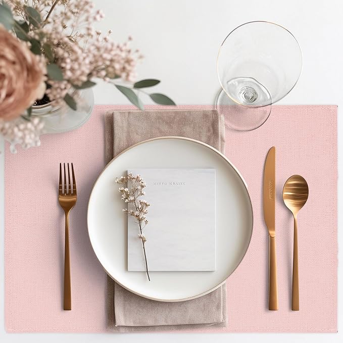 JarThenaAMCS 6Pcs Pink Placemats Heat Resistant Waterproof Linen Table Place Mats Decorative Dinner Mats for Home Kitchen Wedding Banquet Party Dining Table Decor