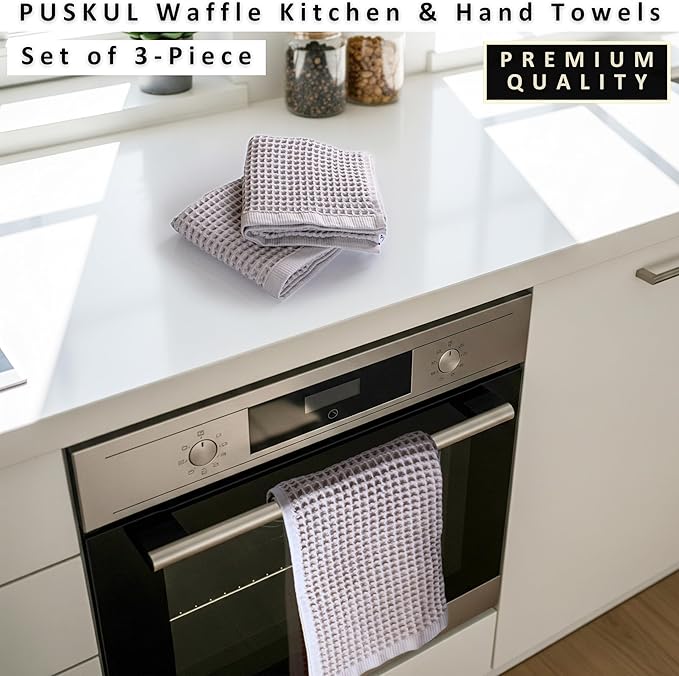 PÜSKÜL Natural 100% Turkish Cotton Waffle Kitchen Towels Set of 3 | Oeko-Tex, Premium Waffle Hand Towels for Bathroom | Soft Absorbent Quick-Dry Lint-Free Dish Towel Large 32x16 inch (3, Gray)