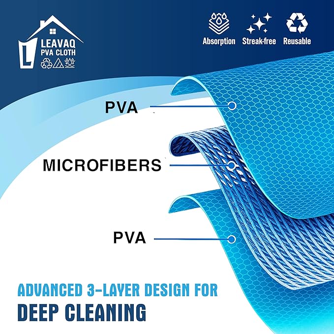 Leavaq PVA Microfiber Cleaning Cloth 3-Pack — Streak-Free Shammy Towel, Super Absorbent Chamois Cloth for Kitchen, Glass, Mirror, Bathroom | No Chemicals Needed | Reusable 12"x12"