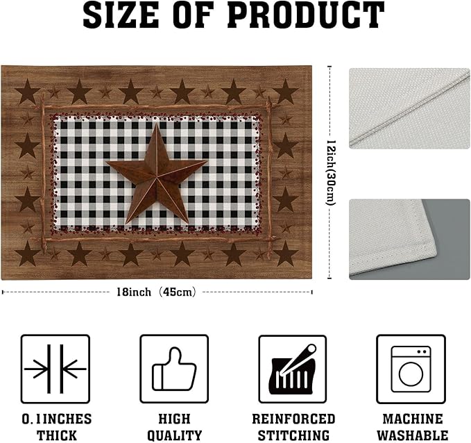 Western Texas Star Placemats for Dining Table Set of 4，Buffalo Plaid Country Wooden Plank Table Mats 18 x12 Inch Non-Slip Dining Table Place Mats for Party Kitchen Indoor Decor