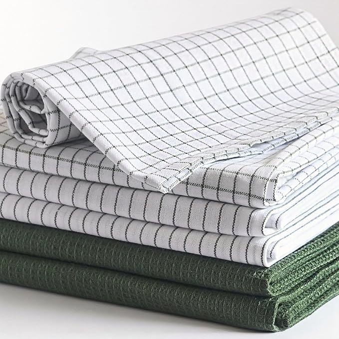 Highly Absorbent Cotton Kitchen Towels for Drying Dishes - Set of 6 Dish Towels - Narrow Sage Green Stripes Plaid Waffle Dishtowels - 18"X28" Large Lint Free Linen Tea Hand Bulk T Towls