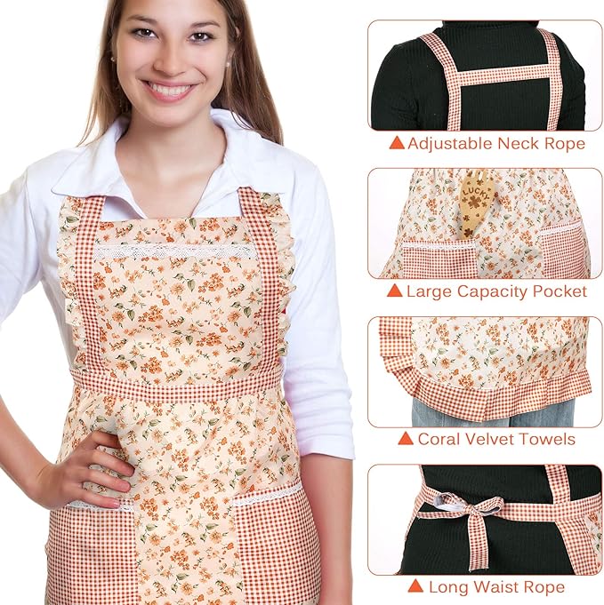 Syhood 3 Pieces Women Floral Aprons with Pockets Vintage Flower Kitchen Cooking Aprons with Adjustable Strap Cute Apron for Kitchen Baking Gardening Household Cleaning Gift Supplies