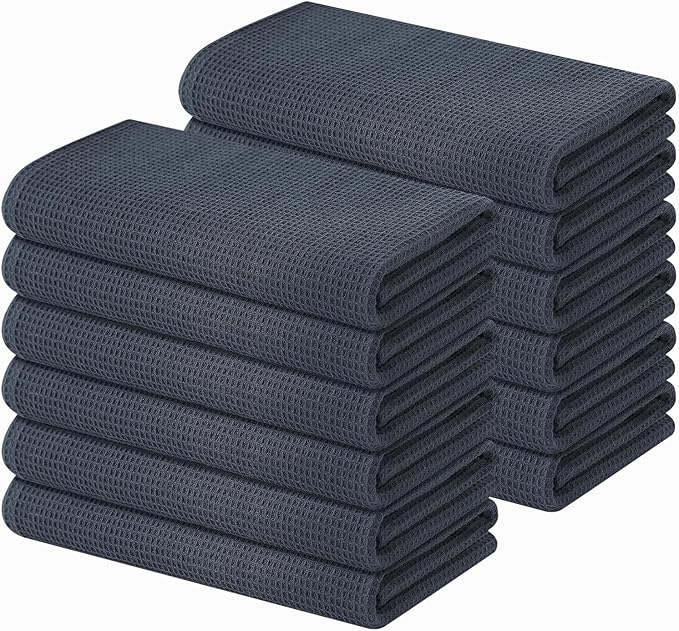 Homaxy 100% Cotton Waffle Weave Kitchen Towels - 12 Pack Soft and Absorbent Dish Towels - 16 x 26 Inches Quick Dry Hand Towels - Dark Grey
