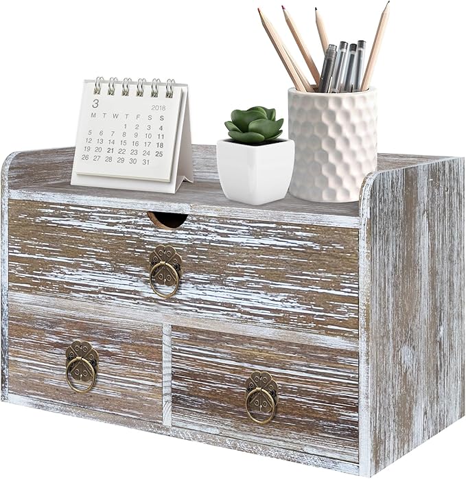 Wood Desk Organizer with Drawer, Washed Brown Wooden Desktop Organizer, Tabletop Storage Organization Box for Countertop, Home Office Supplies (3 Drawer and Shelf)