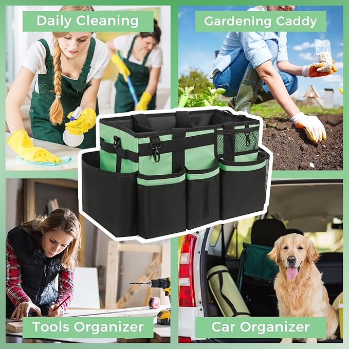 SCAVATA Wearable Cleaning Caddy, Cleaning Caddy Supplies Organizer with Handle & Shoulder Straps for Housekeepers, Under Sink & Car Cleaning Tool Organizers Bag with 4 Foldable Divider (MintGreen)