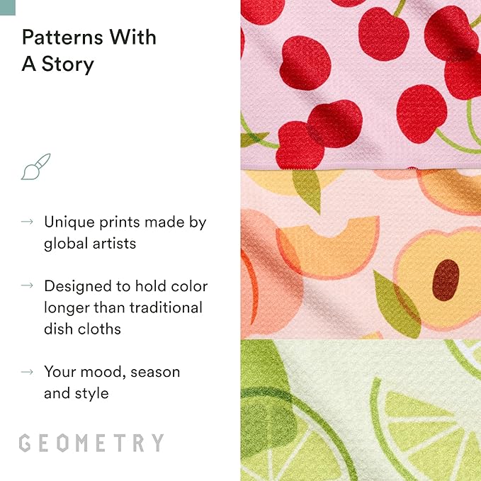 GEOMETRY Dishcloth – Spring & Summer Collection – Quick-Dry, Ultra-Absorbent, Reusable Microfiber Kitchen Towels for Drying & Cleaning - Fruit Fun - 3 Pack
