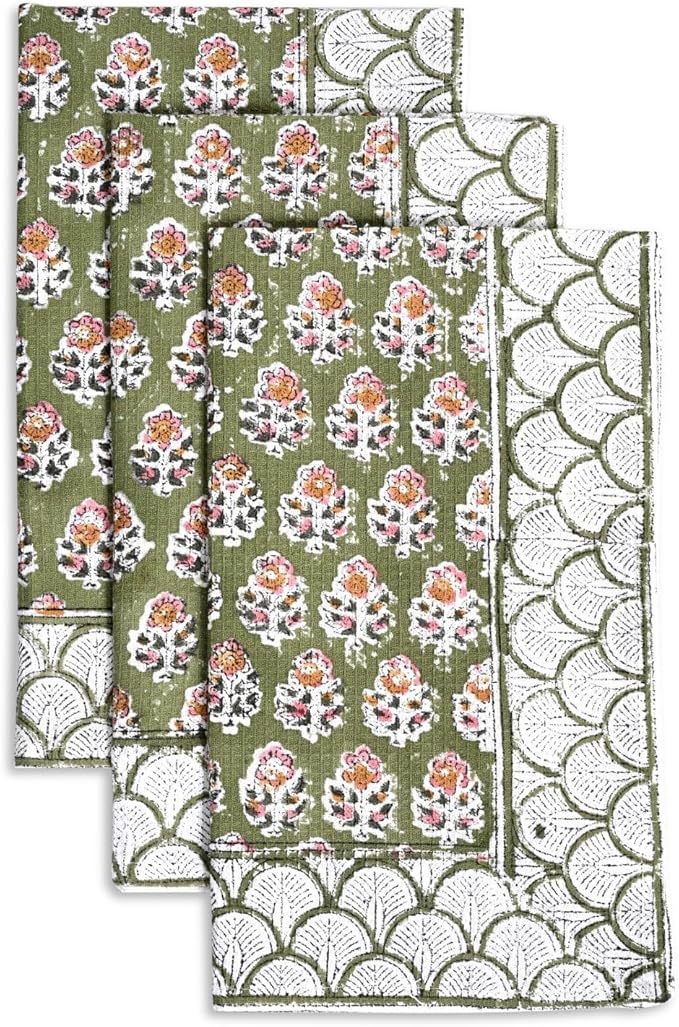 CPC Jade Green Hand Block Print Waffle Kitchen Towel Set of 3-16 x 28 Inch Ultra Absorbent Quick Dry Cotton Dish Towels Lightweight Reusable Sustainable Tea Towels for Cleaning and Drying