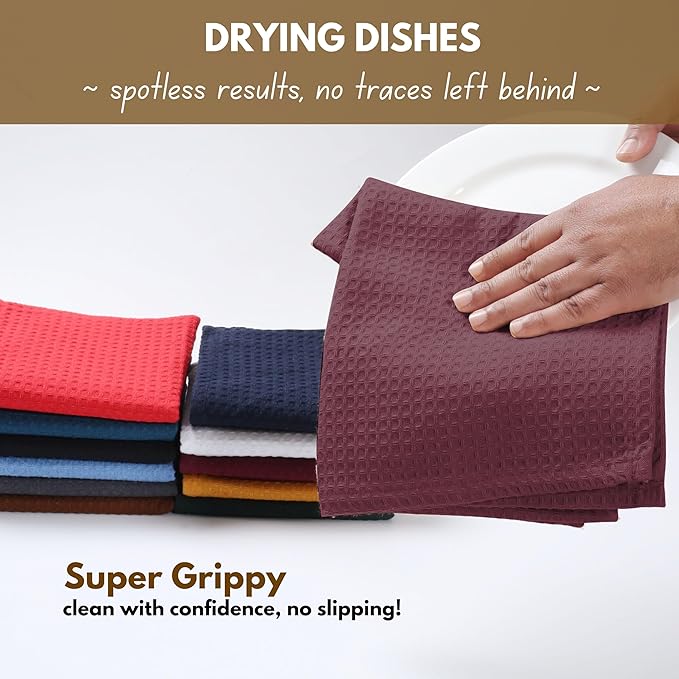Native Fab Waffle 12 Pack Dish Cloths - 100% Cotton, Absorbent, Quick Dry, Washable Towels for Cleaning, Cooking & Drying Dishes - Perfect for Home, Restaurants, Bars, Cafes - 12"x12" - Burgundy