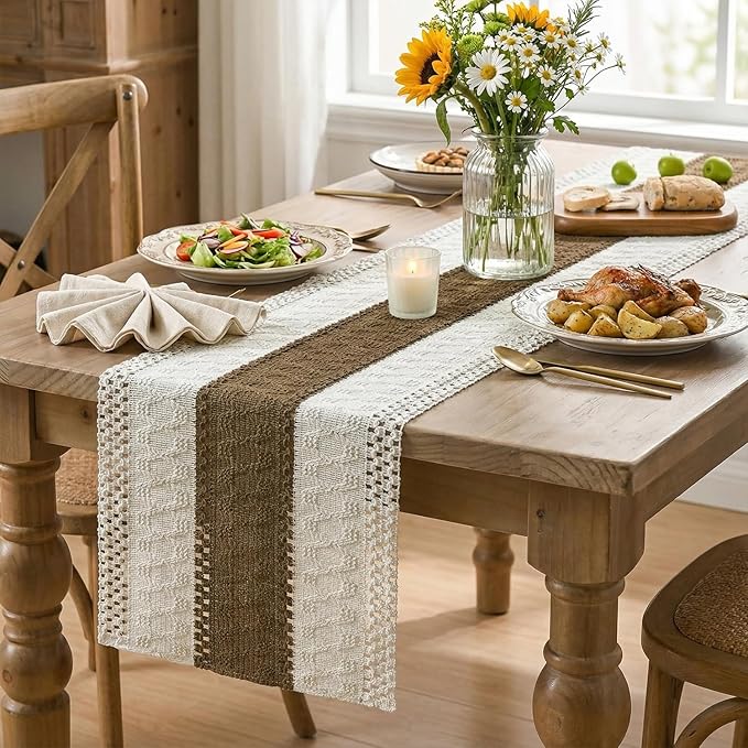 Artoid Mode Light Coffee Farmhouse Rustic Table Runner, Seasonal Holiday Hollow Kitchen Dining Table Decoration for Home Party Decor 12x108 Inch
