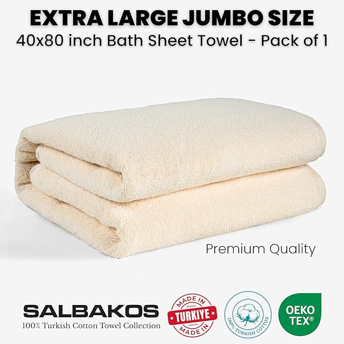 SALBAKOS Luxury 100% Turkish Cotton Bath Sheets 40x80 in Oversized Extra Large Bath Towels | Premium Hotel Quality Thick Soft Absorbent Turkish Towel for Spa Beach (Pack of 1, Ivory, Jumbo Bath Sheet)