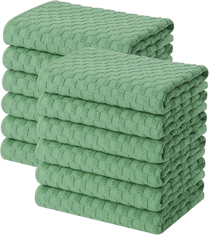 Homaxy 100% Cotton Terry Kitchen Towels(15" x 25", 12 Pack), Soft and Super Absorbent Dish Towels, 380 GSM Reusable Tea Towel with Hanging Loop, Pineapple Grid Designed, Grass Green