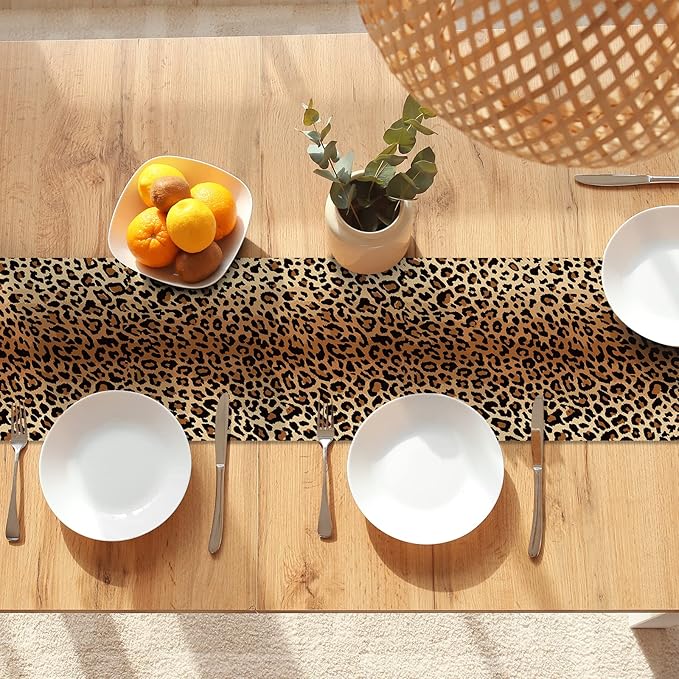 Leopard Print Table Runner 72 Inches Long, Animal Style Table Runner Dresser Scarves, Wildlife Safari Burlap Dining Room Table Decor for Kitchen Farmhouse Indoor Outdoor Home Party