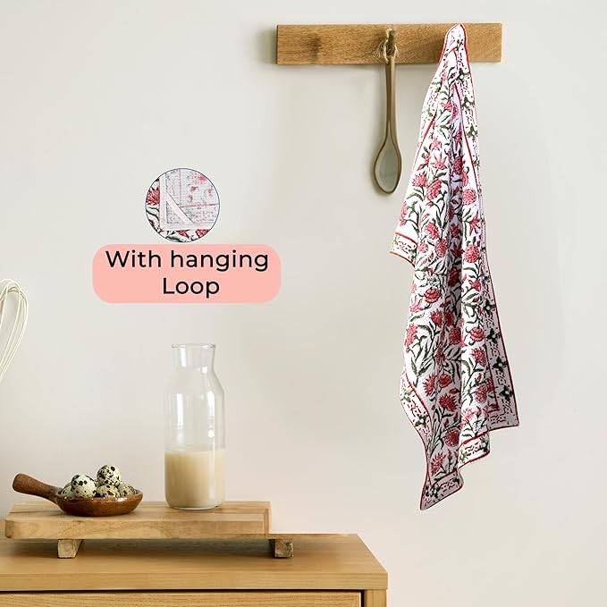 CPC Red Garnet Hand Block Print Waffle Kitchen Towel Set of 3-16 x 28 Inch Ultra Absorbent Quick Dry Cotton Dish Towels Lightweight Reusable Sustainable Tea Towels for Cleaning and Drying
