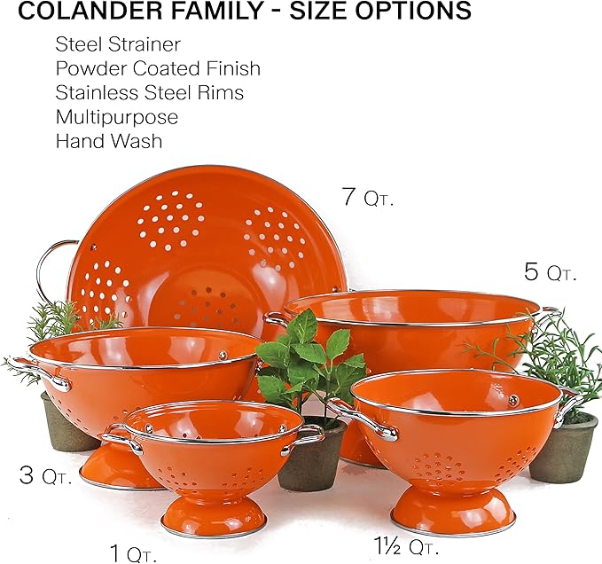 Reston Lloyd, 1.5 Quart Powder Coated Steel Kitchen Strainer Basket for draining Pasta, Vegetable and Fruit, Chrome Handles and Wide Stable Base, Orange