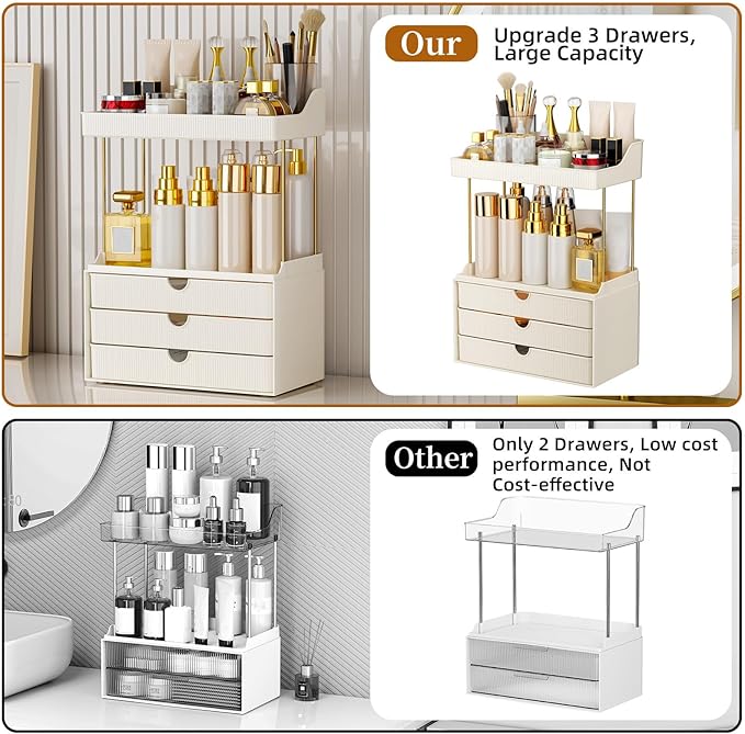 StorBin 3 Drawers Bathroom Counter Organizer - 5 Tier Makeup Organizer, Versatile Perfume Organizer, Ideal for Bathroom Storage, Vanity, Large Skincare, Perfume, Present, Cream White