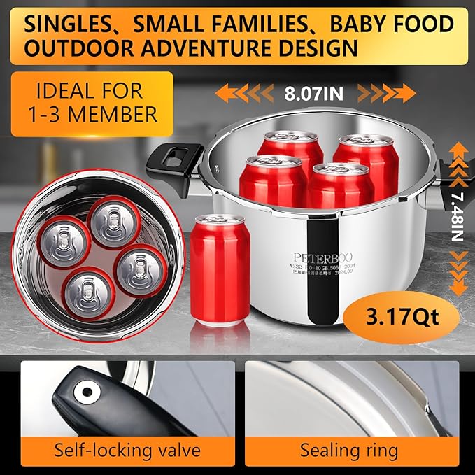 Small Stainless Steel Pressure Cooker 3Quart Mini Size, Ideal for Side Dishes, Grains & Camping,2-2.5Quart Compact Design, Fast & Safe for Small Families 3qt+