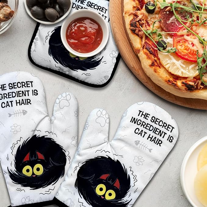Funny Black Cat Oven Mitts and Pot Holders Set of 3, The Secret Ingredient is Cat Hair, Heat Resistant Non-Slip Kitchen Mitts Hot Pads, Sweet Housewarming Gifts for Hostess Baker Friend