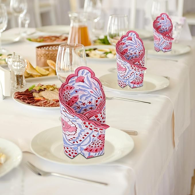 Ridhi Hand Block Print Pigeon Blue 18" x 18" (Set of 4) Embroidery Table Napkins Reusable Cotton Dinner Napkins for Weddings, Parties, Everyday Dining Gift for Spring, Easter, Valentine