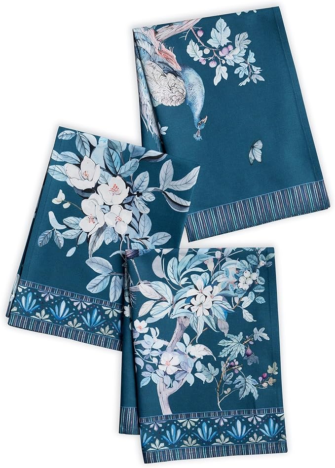 Maison d' Hermine Kitchen Towel 100% Combed Cotton Premium Easter Dishtowel (20 Inch by 27.50 Inch) Kitchen Towels for Dining, Home, Wedding, Buffet, Peacock Utopia - Deep Sea (Set of 3)