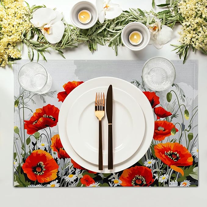 Giwawa Poppy Flowers Placemats Set of 4, 12"x18" Rustic Red Orange Floral Linen Place Mat, Spring Summer Washable Non-Slip Table Mats for Kitchen Dining Party Picnic Indoor Outdoor Decor